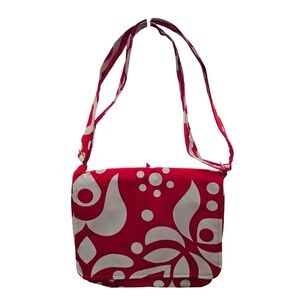 Tara Hubbard Floral Fabric Upholstery Messenger Bag Red and White Patterned